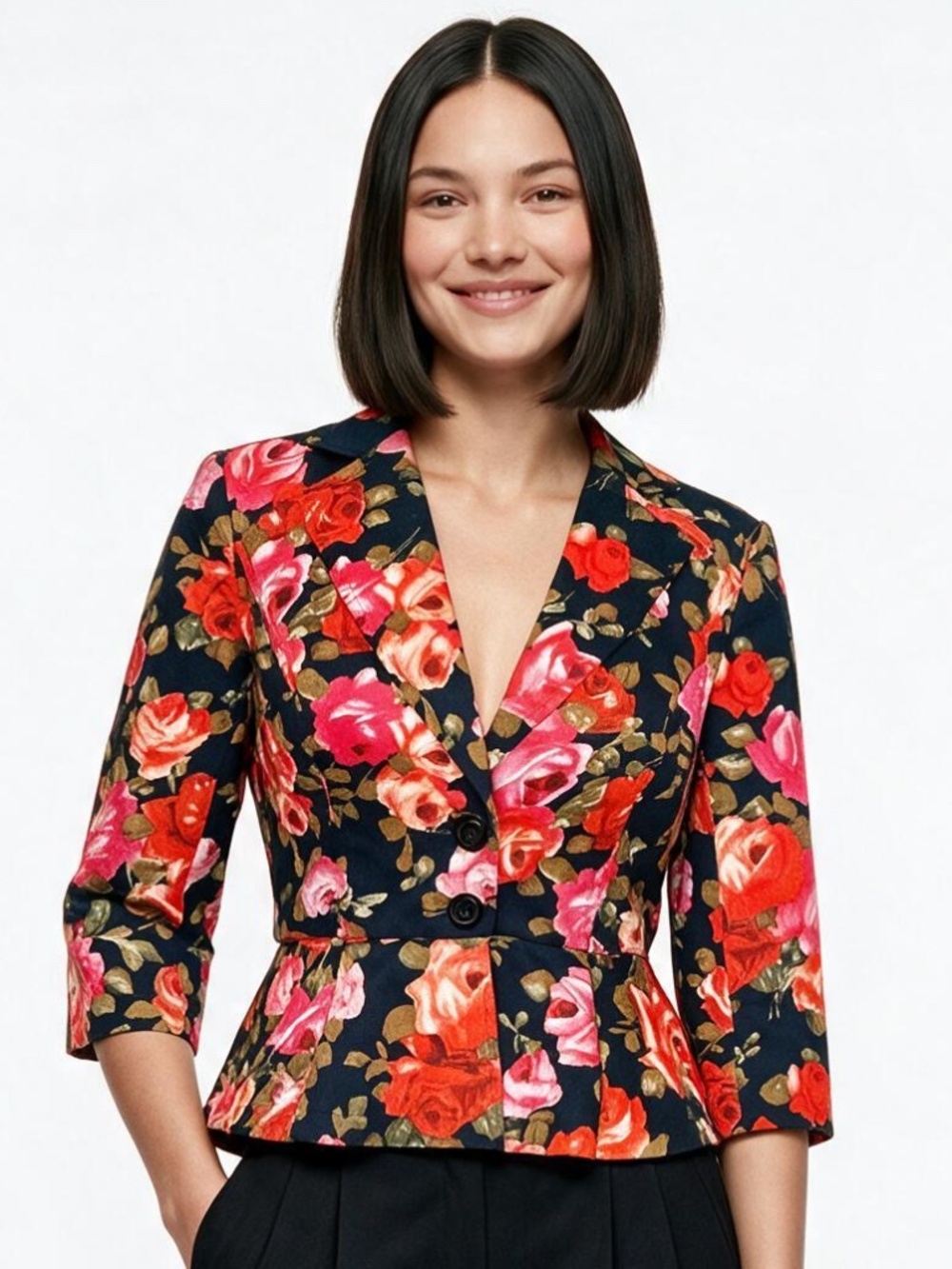 Boston Proper Gorgeous Black w/ Red & Coral Floral Roses Peplum Waist, Blazer, 0